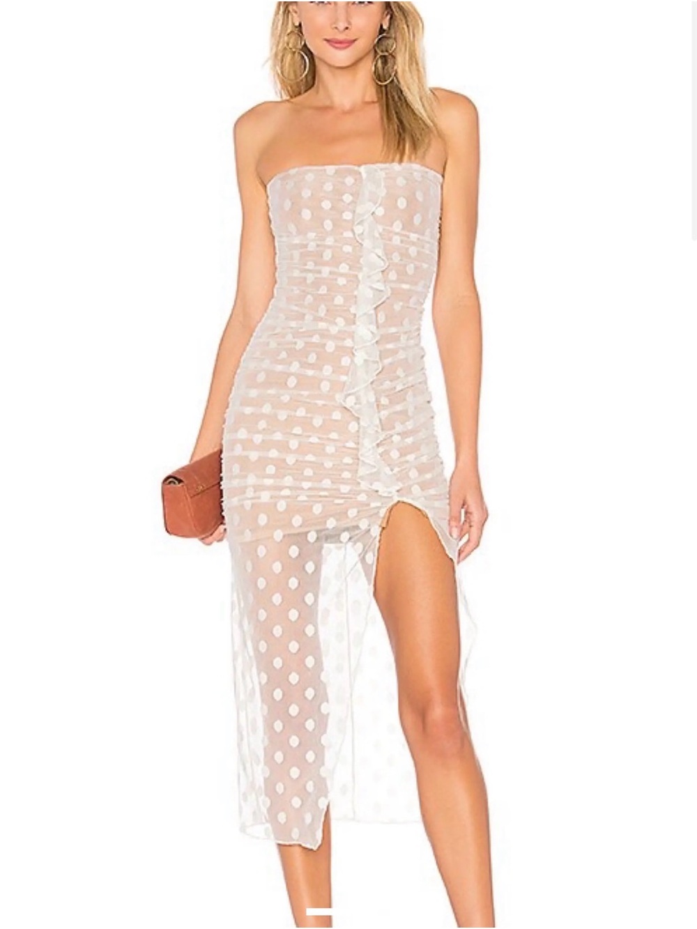 MAJORELLE White Polka Dot Strapless Midi Dress